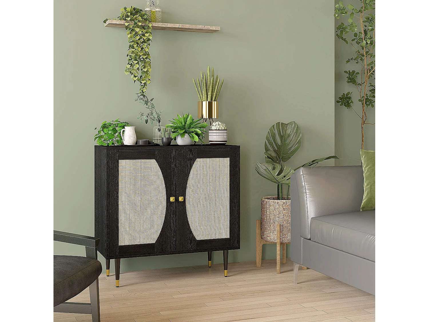 Buffet 2 portes 2 étagères design contemporain cannage rotin panneaux aspect bois noir