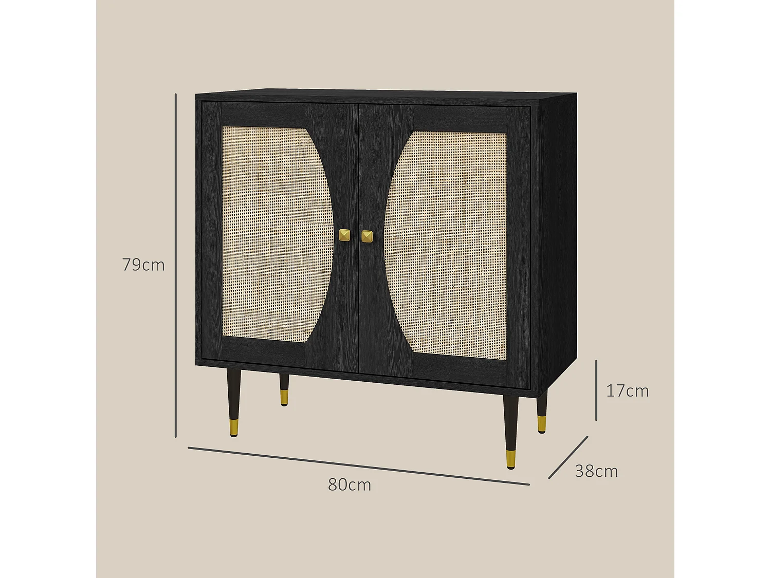 Buffet 2 portes 2 étagères design contemporain cannage rotin panneaux aspect bois noir