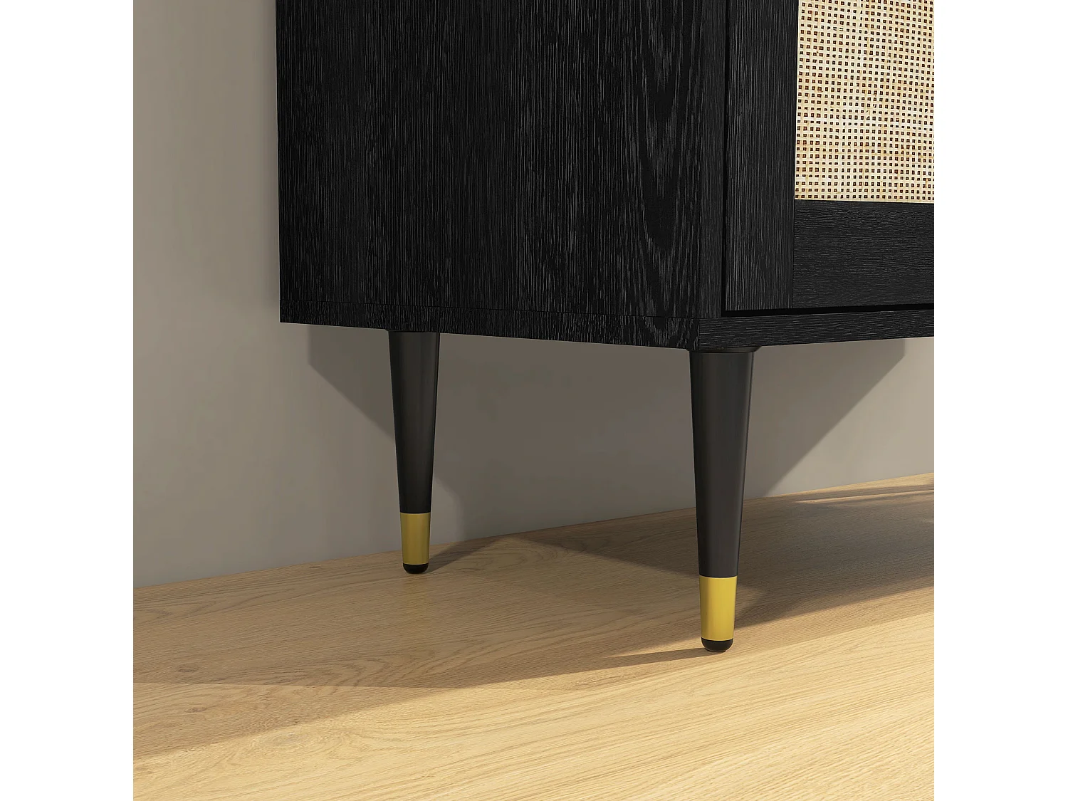 Buffet 2 portes 2 étagères design contemporain cannage rotin panneaux aspect bois noir