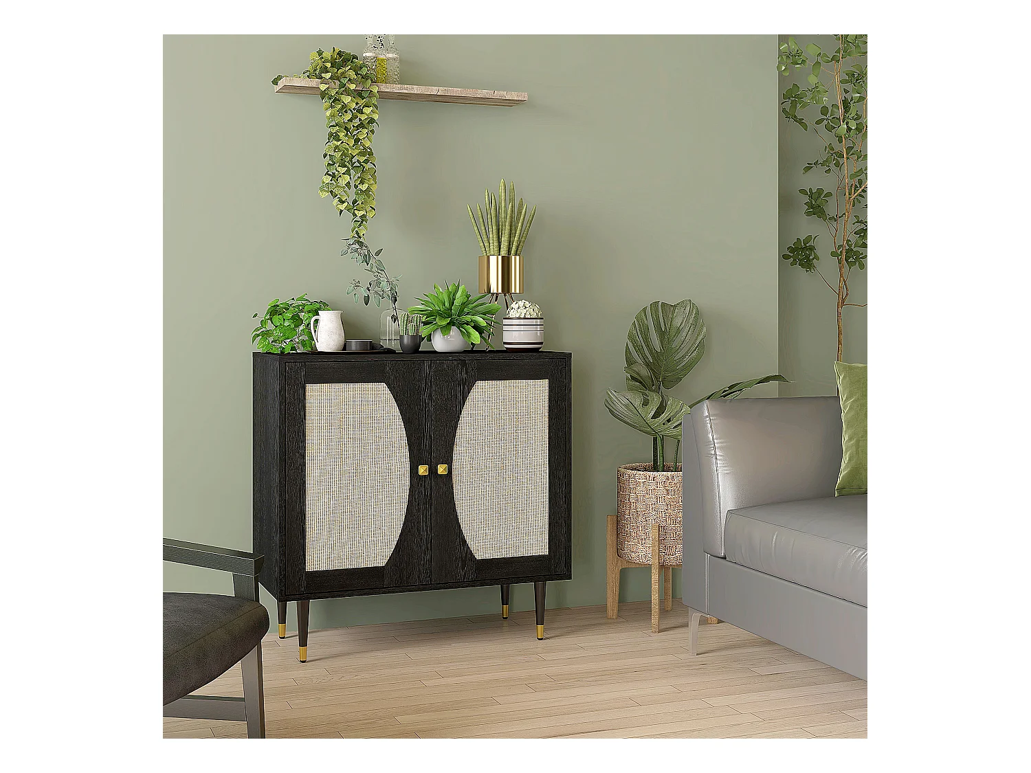 Buffet 2 portes 2 étagères design contemporain cannage rotin panneaux aspect bois noir