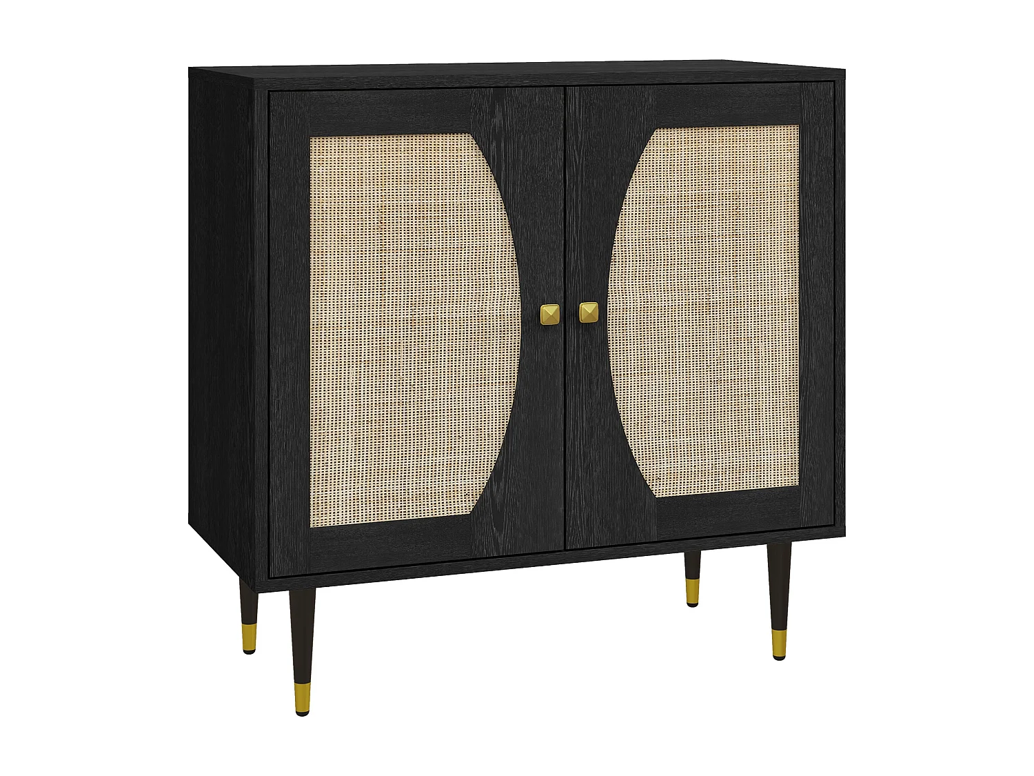 Buffet 2 portes 2 étagères design contemporain cannage rotin panneaux aspect bois noir