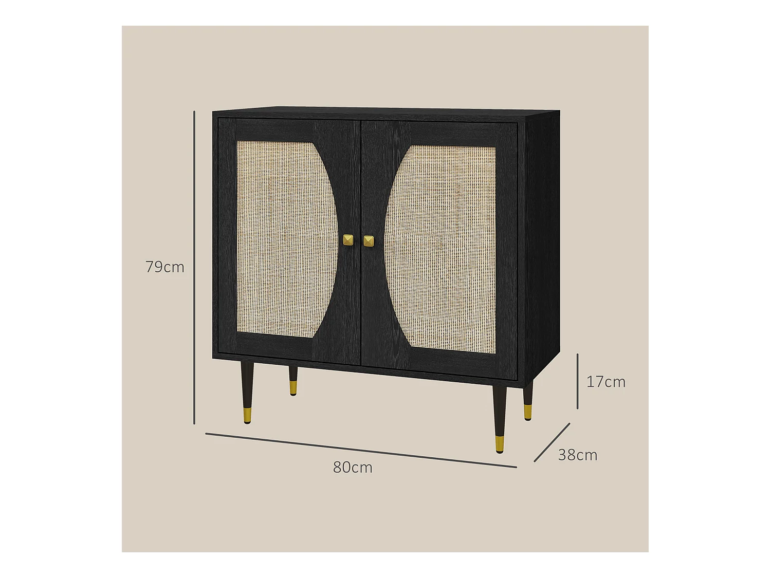 Buffet 2 portes 2 étagères design contemporain cannage rotin panneaux aspect bois noir
