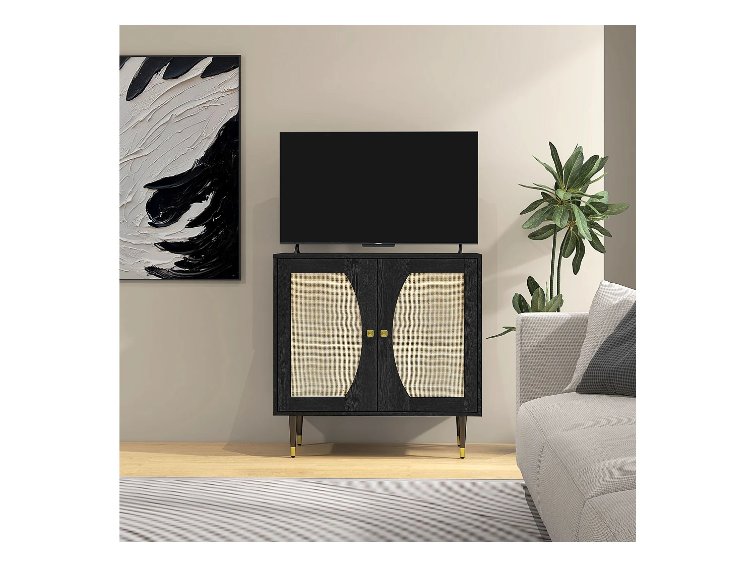 Buffet 2 portes 2 étagères design contemporain cannage rotin panneaux aspect bois noir