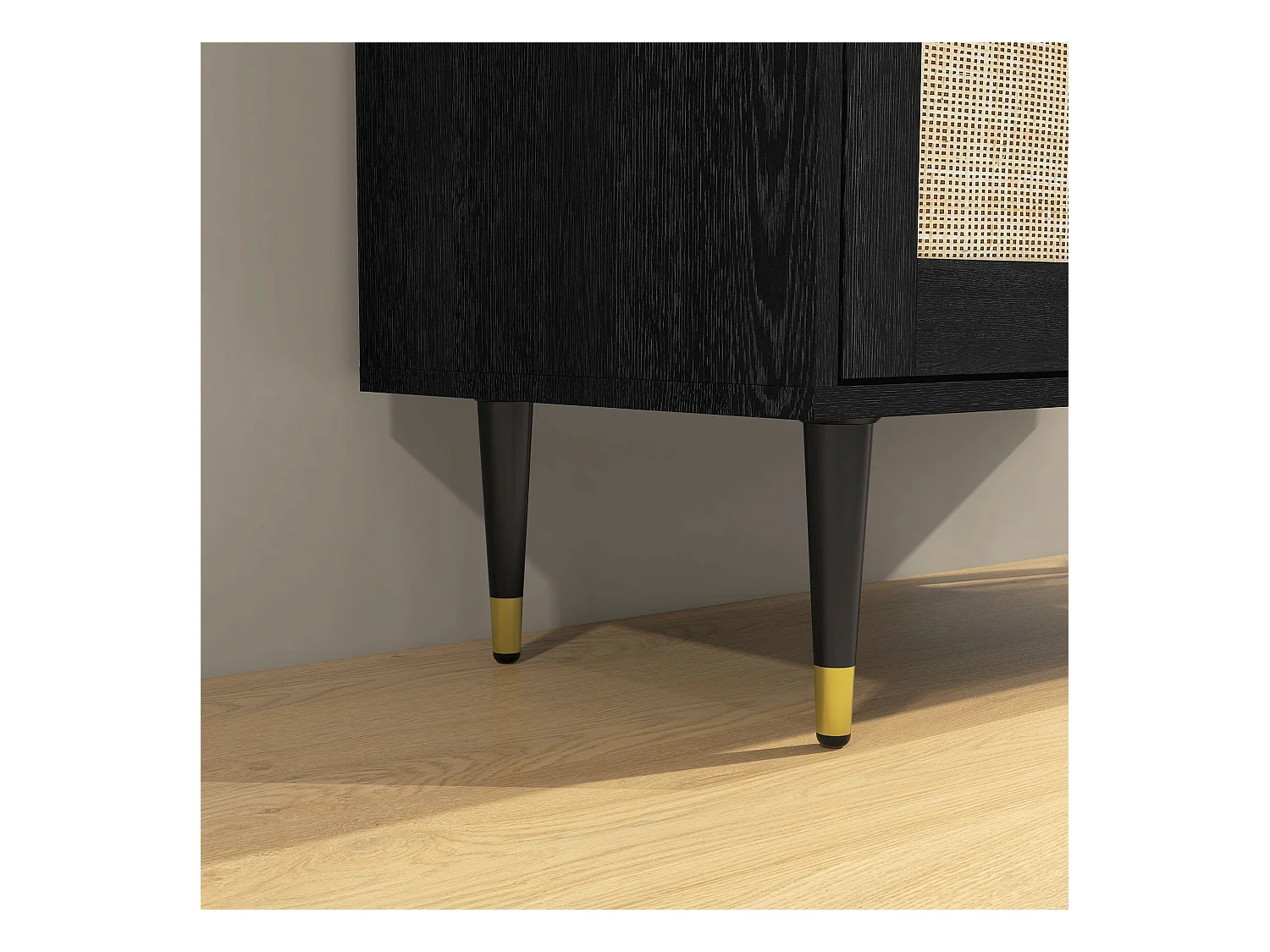 Buffet 2 portes 2 étagères design contemporain cannage rotin panneaux aspect bois noir