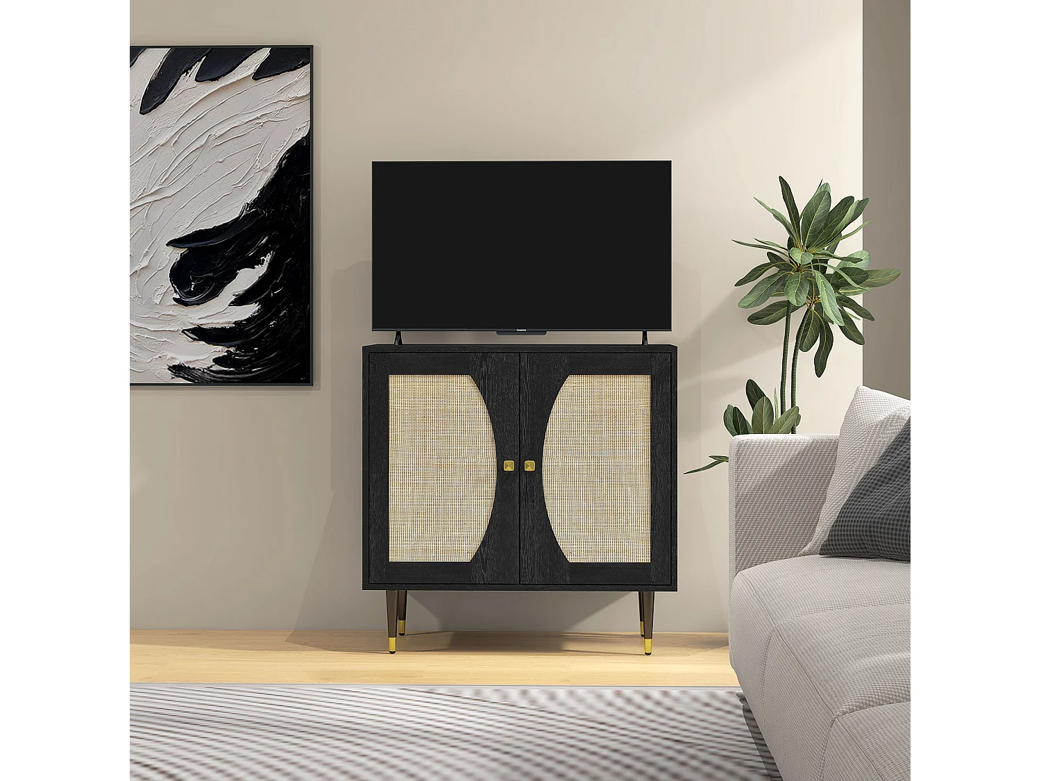 Buffet 2 portes 2 étagères design contemporain cannage rotin panneaux aspect bois noir