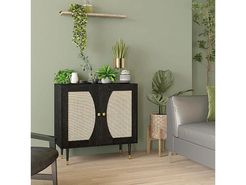 Buffet 2 portes 2 étagères design contemporain cannage rotin panneaux aspect bois noir