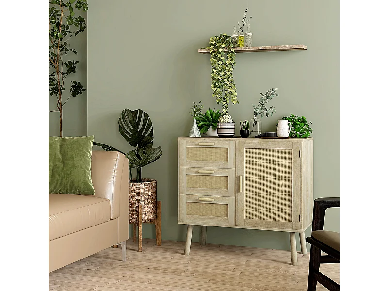 Buffet 3 tiroirs porte étagère style bohème chic cannage rotin panneaux aspect chêne clair