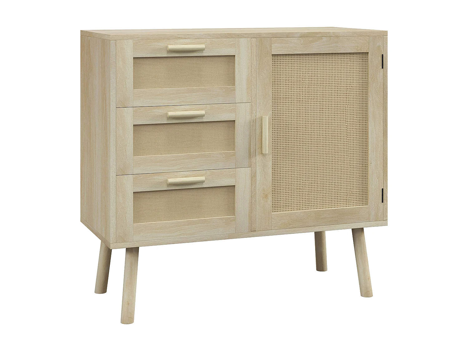 Buffet 3 tiroirs porte étagère style bohème chic cannage rotin panneaux aspect chêne clair