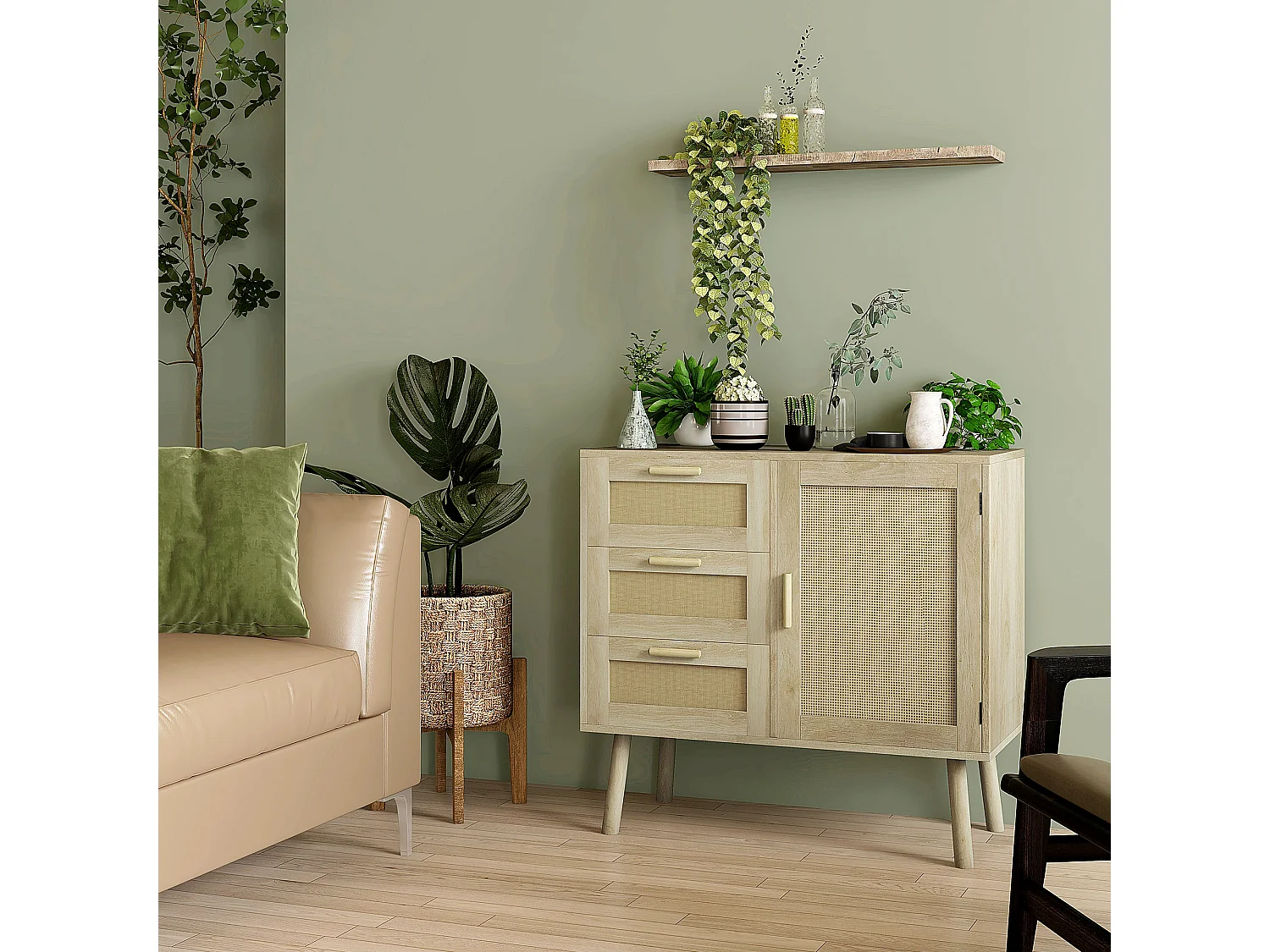 Buffet 3 tiroirs porte étagère style bohème chic cannage rotin panneaux aspect chêne clair