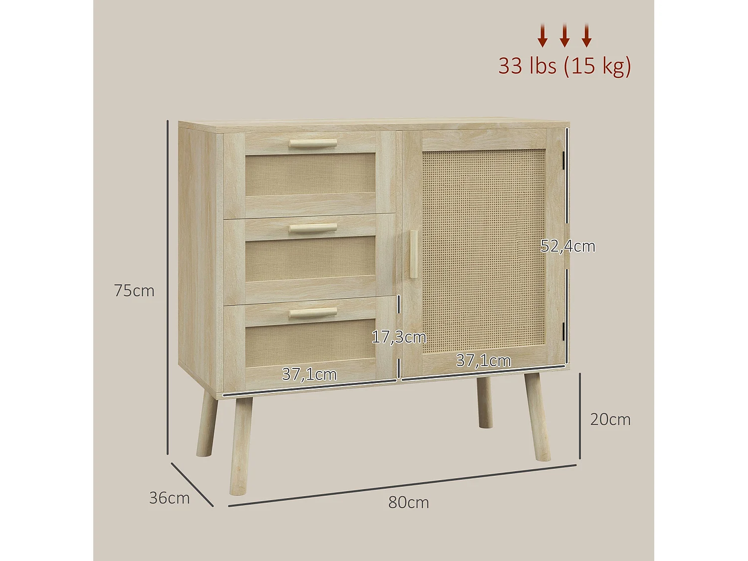 Buffet 3 tiroirs porte étagère style bohème chic cannage rotin panneaux aspect chêne clair