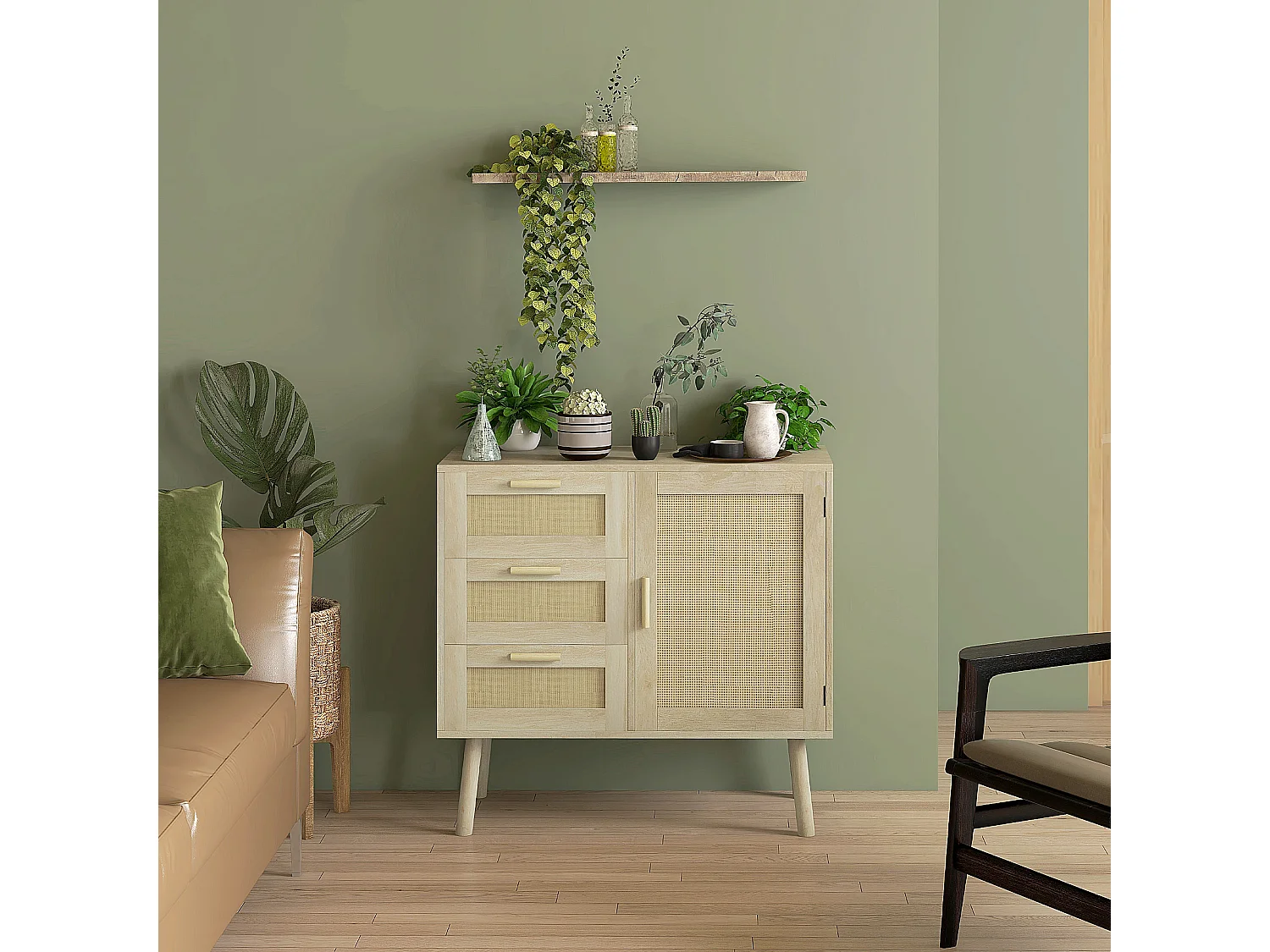 Buffet 3 tiroirs porte étagère style bohème chic cannage rotin panneaux aspect chêne clair