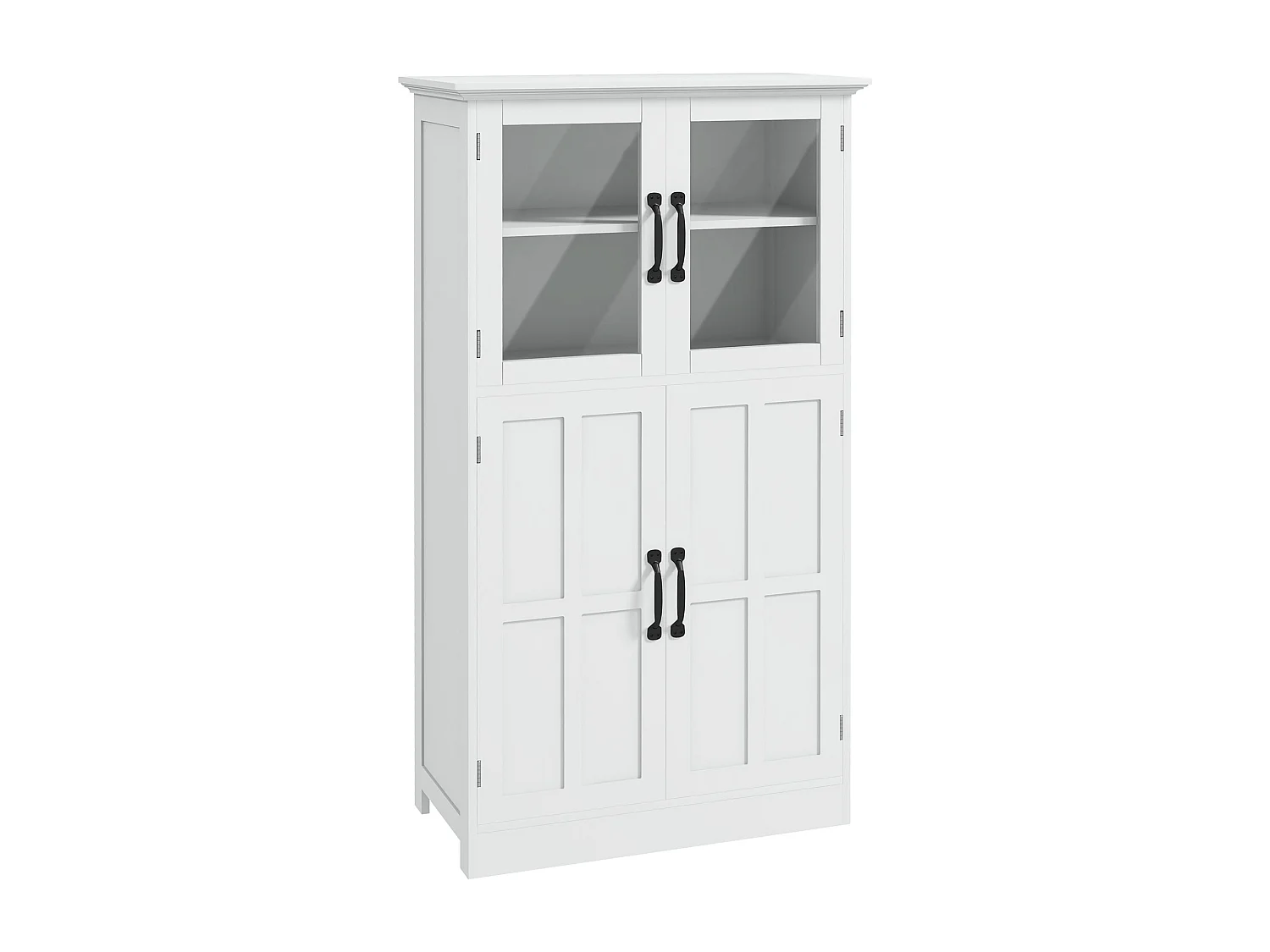 Buffet vitrine 4 portes 2 étagères style contemporain poignées métal noir MDF panneaux blanc