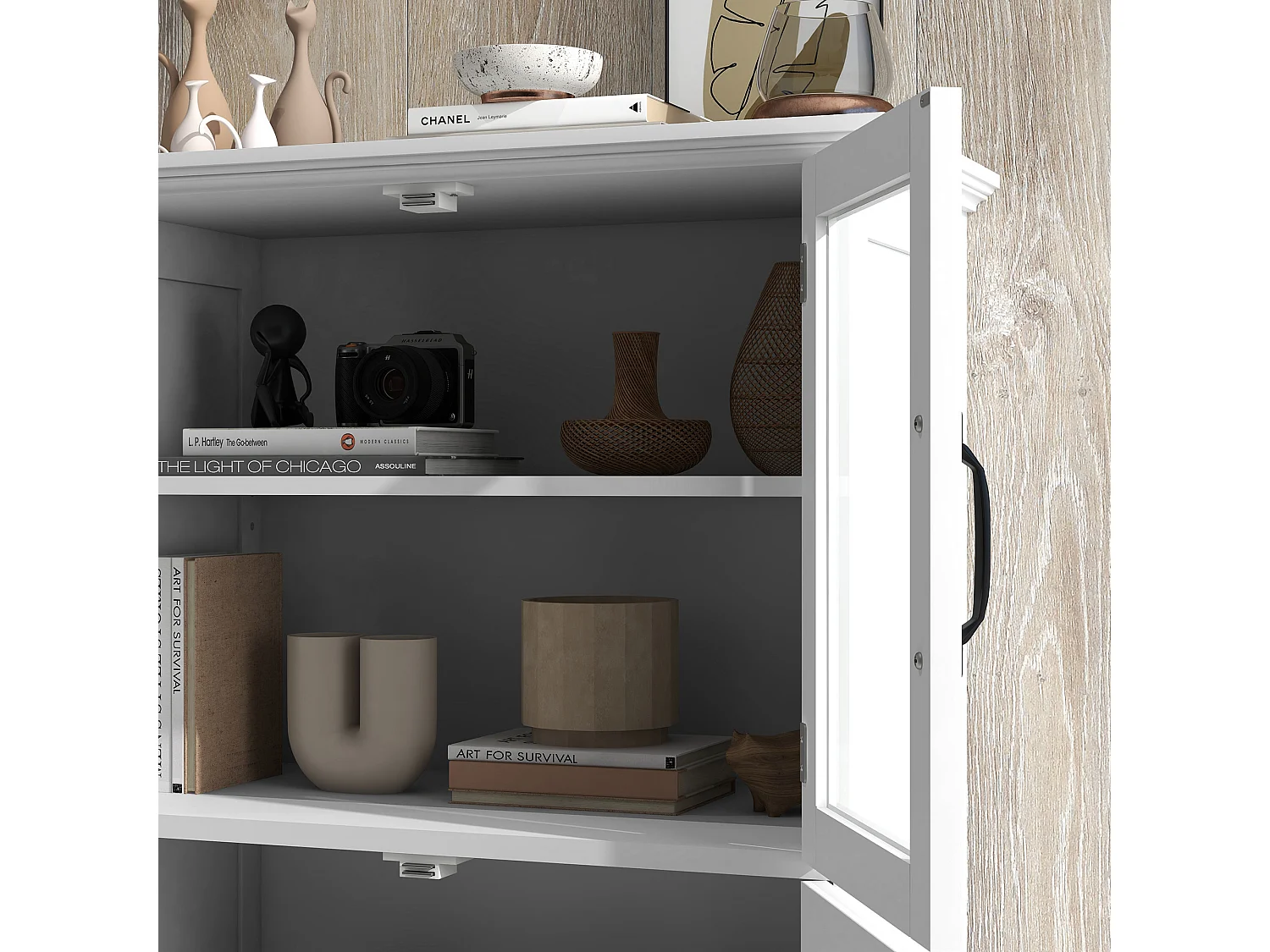 Buffet vitrine 4 portes 2 étagères style contemporain poignées métal noir MDF panneaux blanc