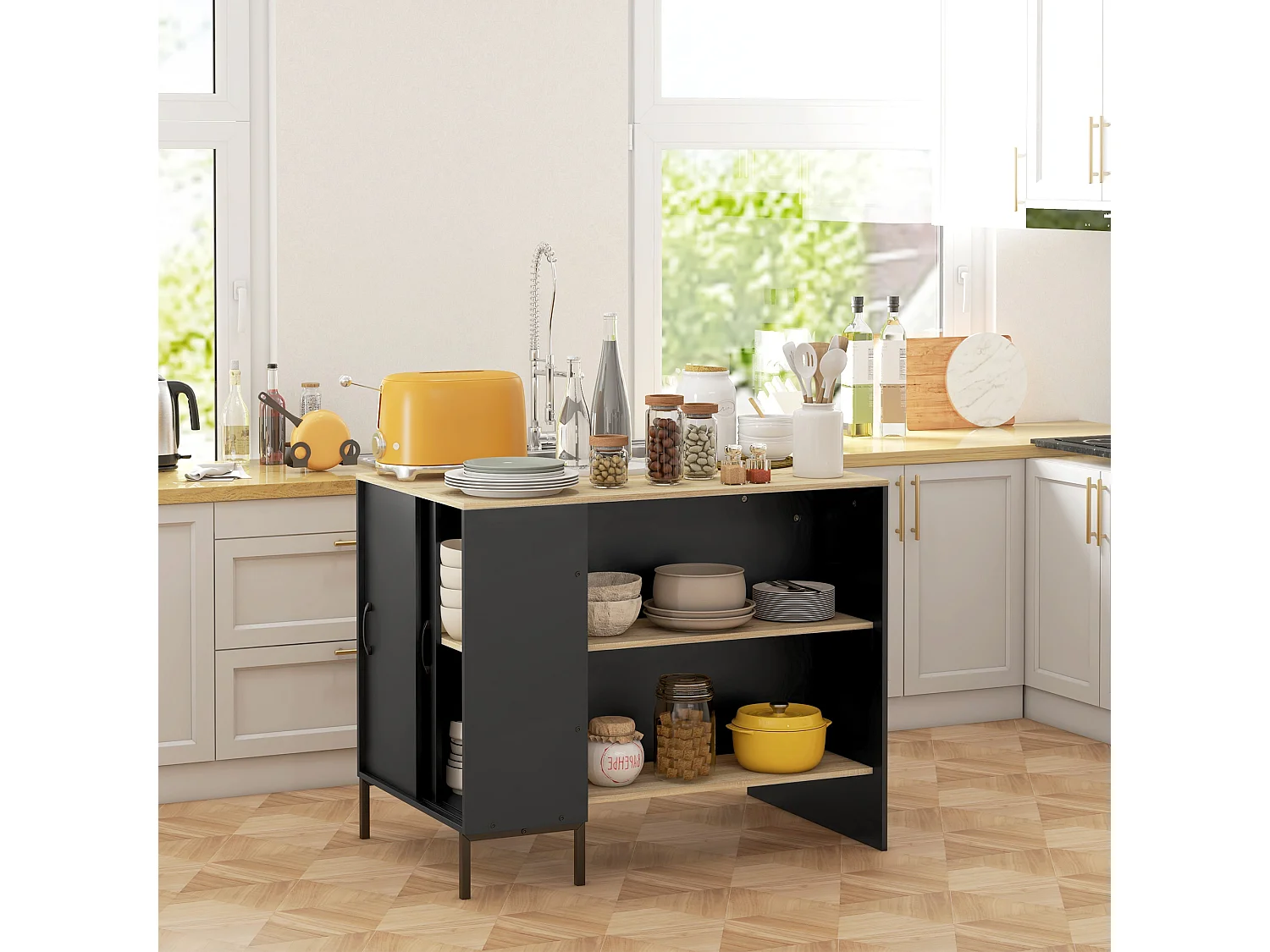 Îlot de cuisine multi-rangement - 2 étagères, placard 2 portes coulissantes avec étagère, porte couteaux - acier panneaux noir chêne clair