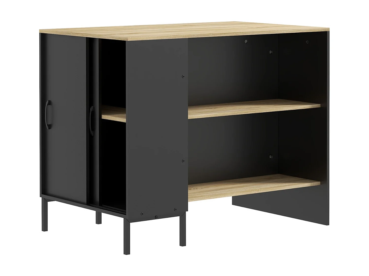 Îlot de cuisine multi-rangement - 2 étagères, placard 2 portes coulissantes avec étagère, porte couteaux - acier panneaux noir chêne clair