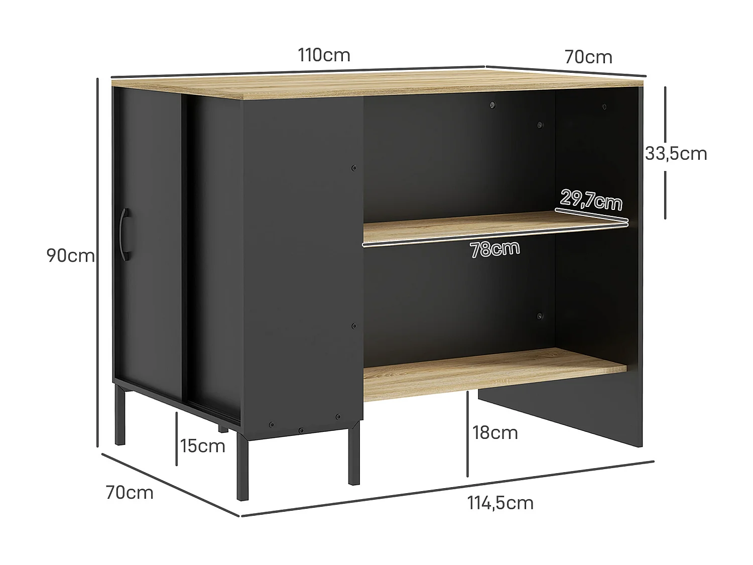 Îlot de cuisine multi-rangement - 2 étagères, placard 2 portes coulissantes avec étagère, porte couteaux - acier panneaux noir chêne clair