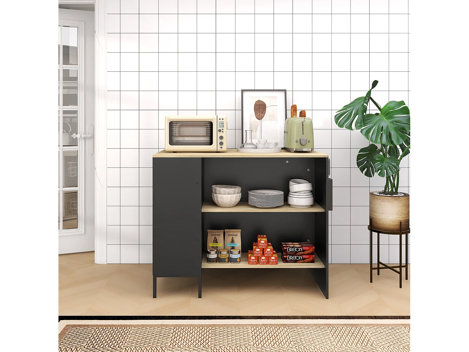 Îlot de cuisine multi-rangement - 2 étagères, placard 2 portes coulissantes avec étagère, porte couteaux - acier panneaux noir chêne clair