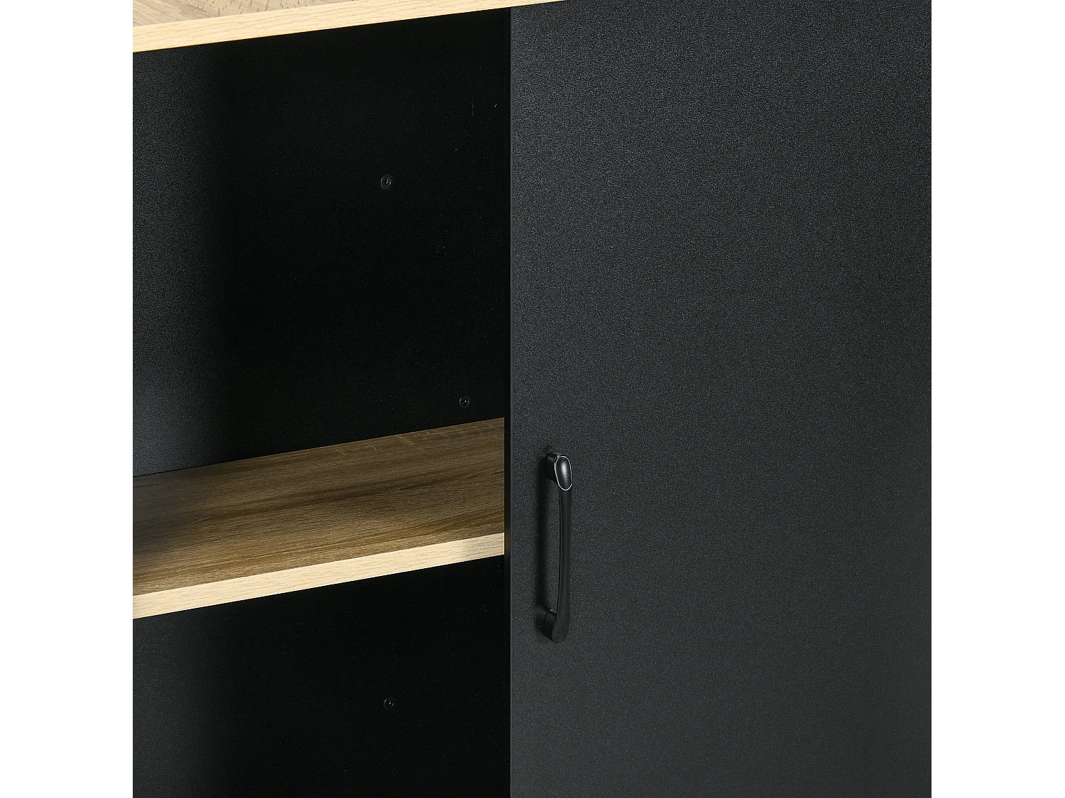 Îlot de cuisine multi-rangement - 2 étagères, placard 2 portes coulissantes avec étagère, porte couteaux - acier panneaux noir chêne clair