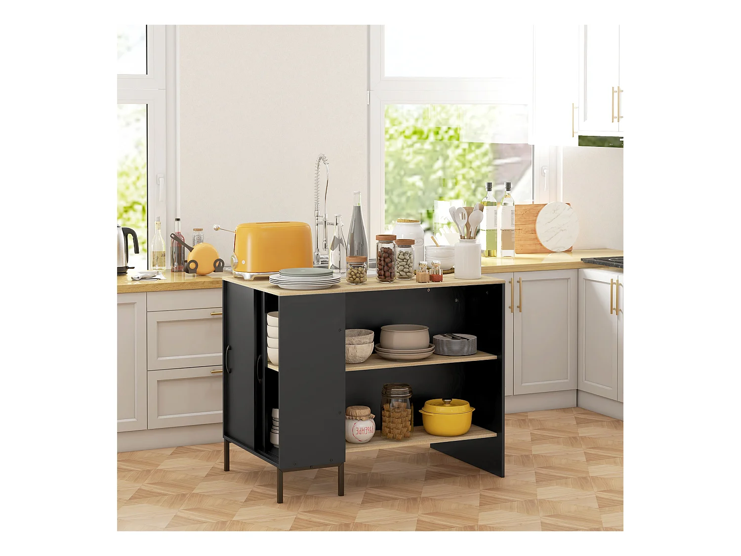 Îlot de cuisine multi-rangement - 2 étagères, placard 2 portes coulissantes avec étagère, porte couteaux - acier panneaux noir chêne clair