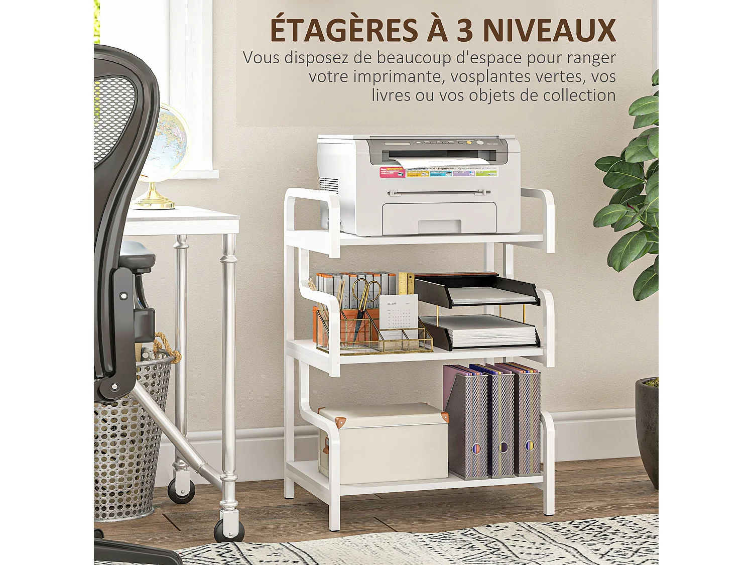 Étagère de rangement 3 niveaux - support d'imprimante - acier panneaux blanc