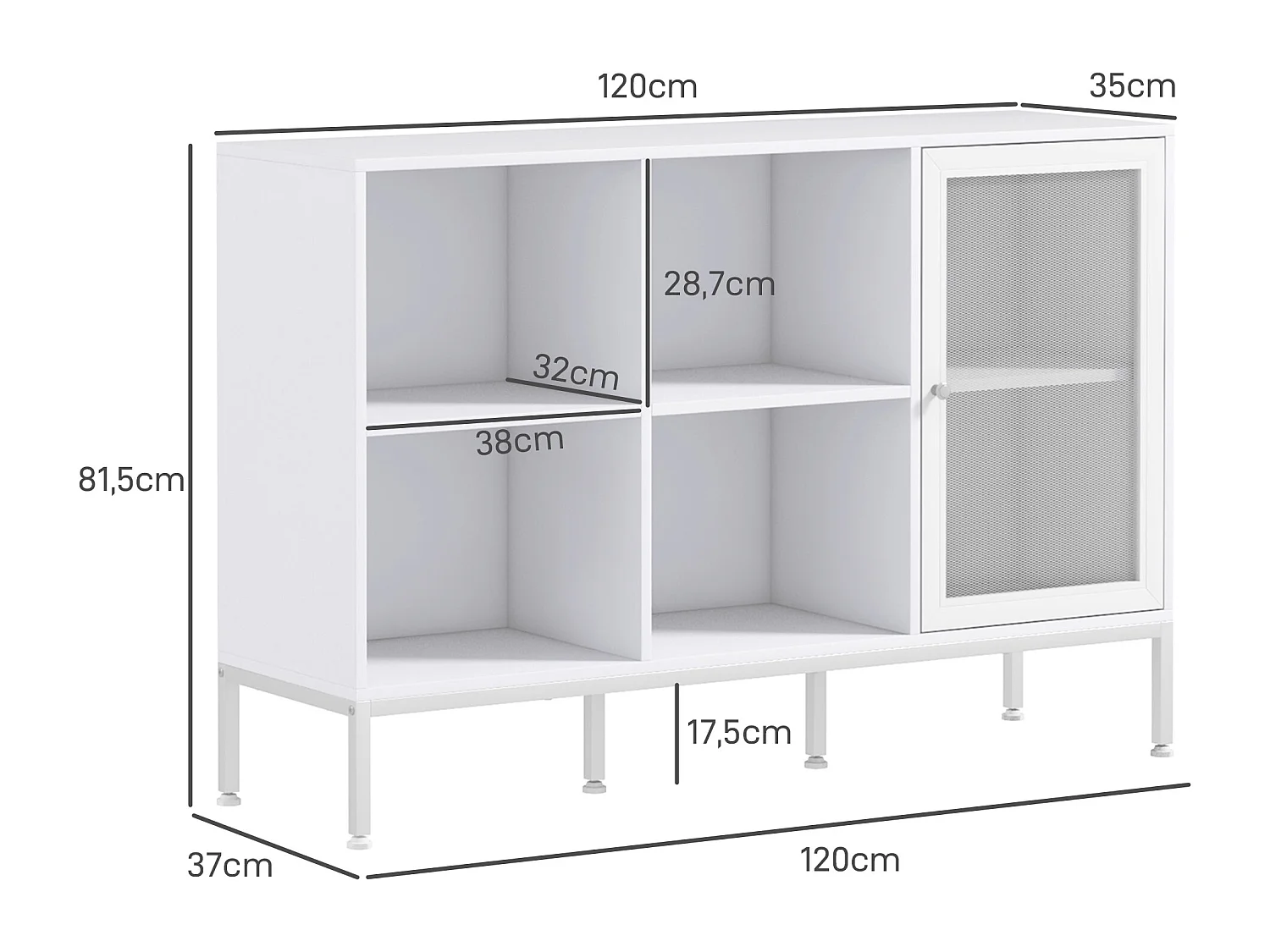 Buffet 4 compartiments porte grillagée avec étagère - dim. 120L x 37l x 81,5H cm - acier panneaux blanc