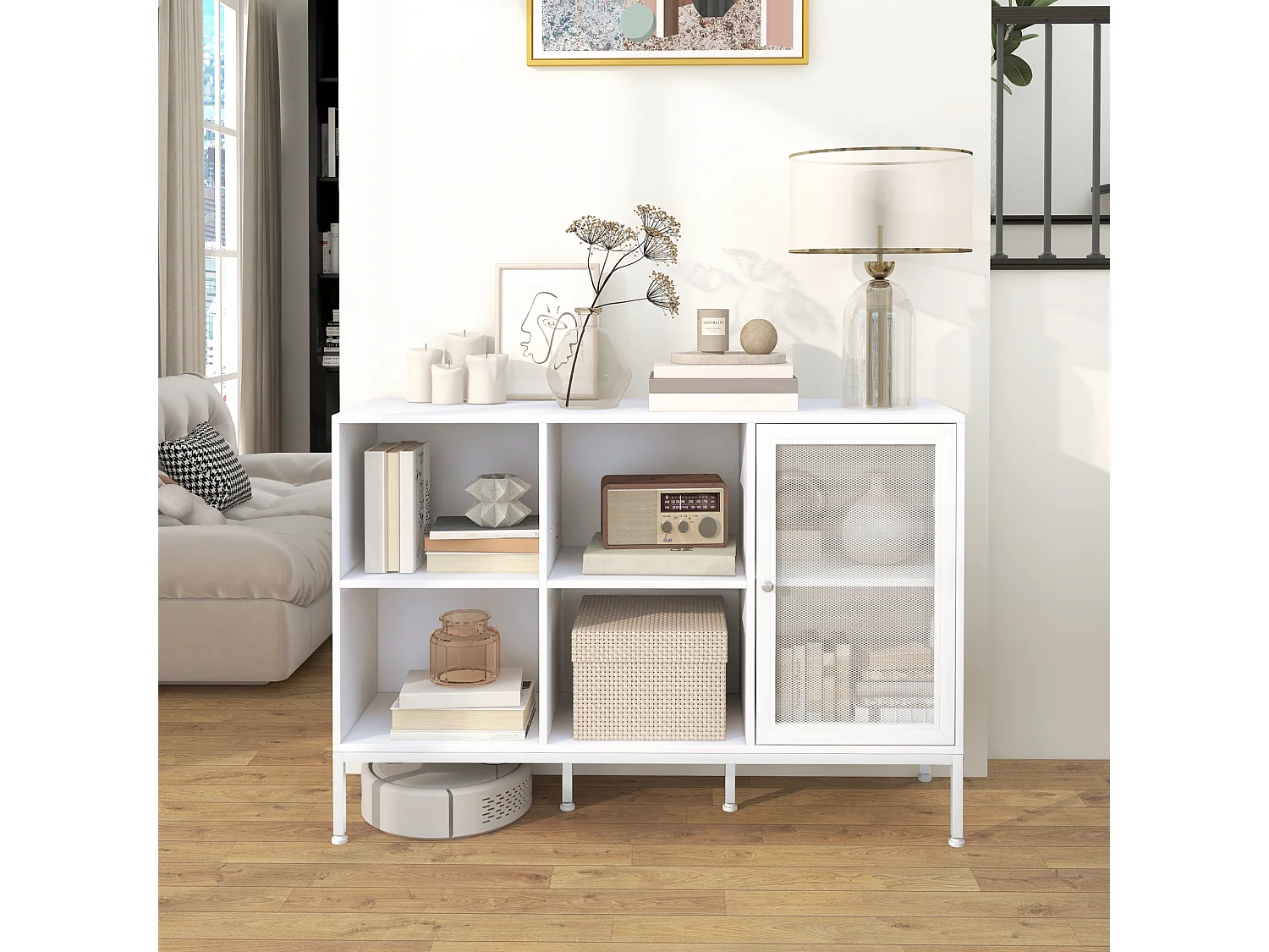 Buffet 4 compartiments porte grillagée avec étagère - dim. 120L x 37l x 81,5H cm - acier panneaux blanc