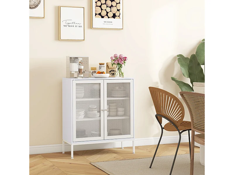 Buffet 2 portes grillagées 2 étagères dim. 80L x 37l x 92H cm acier panneaux blanc