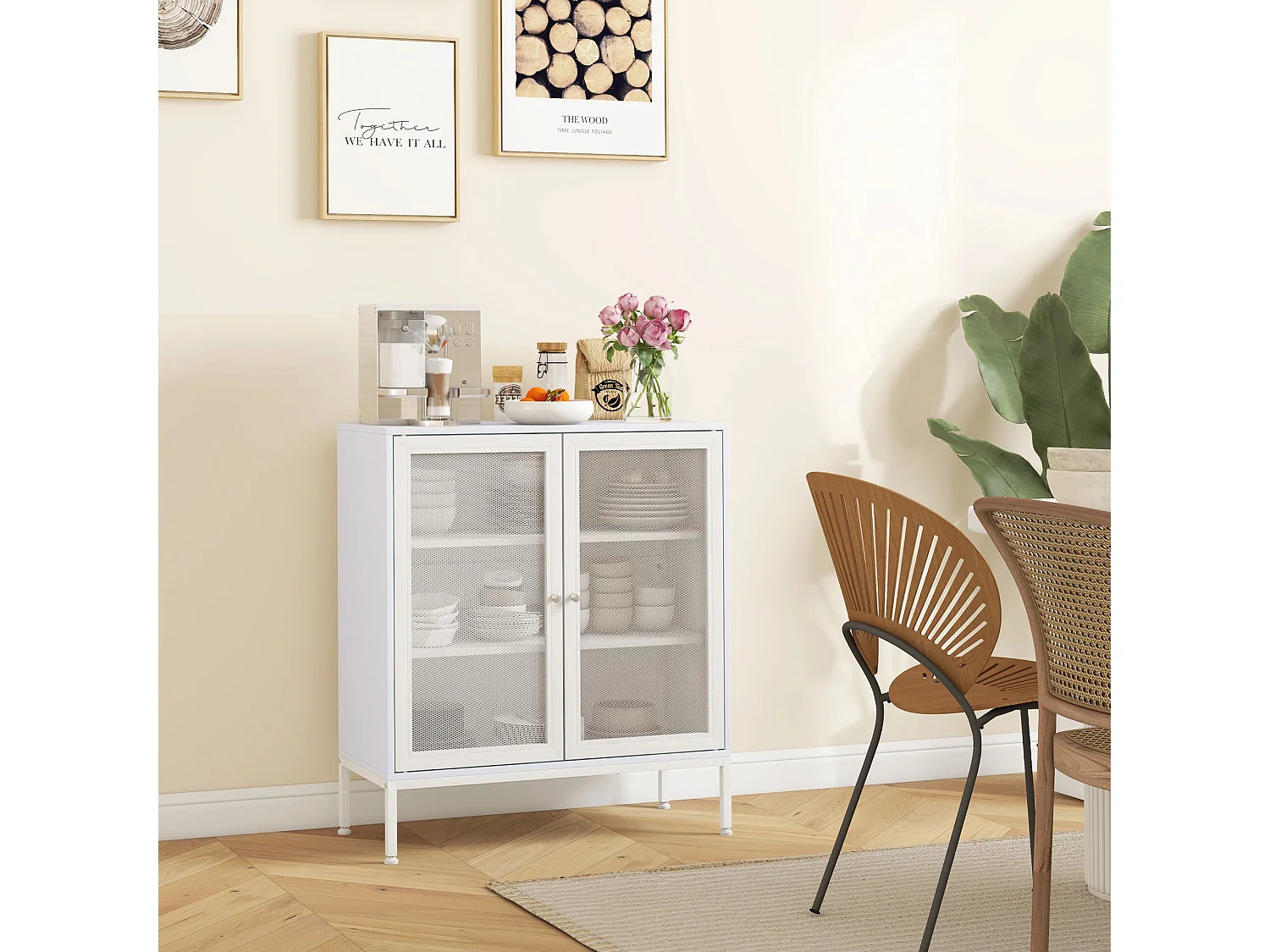 Buffet 2 portes grillagées 2 étagères dim. 80L x 37l x 92H cm acier panneaux blanc