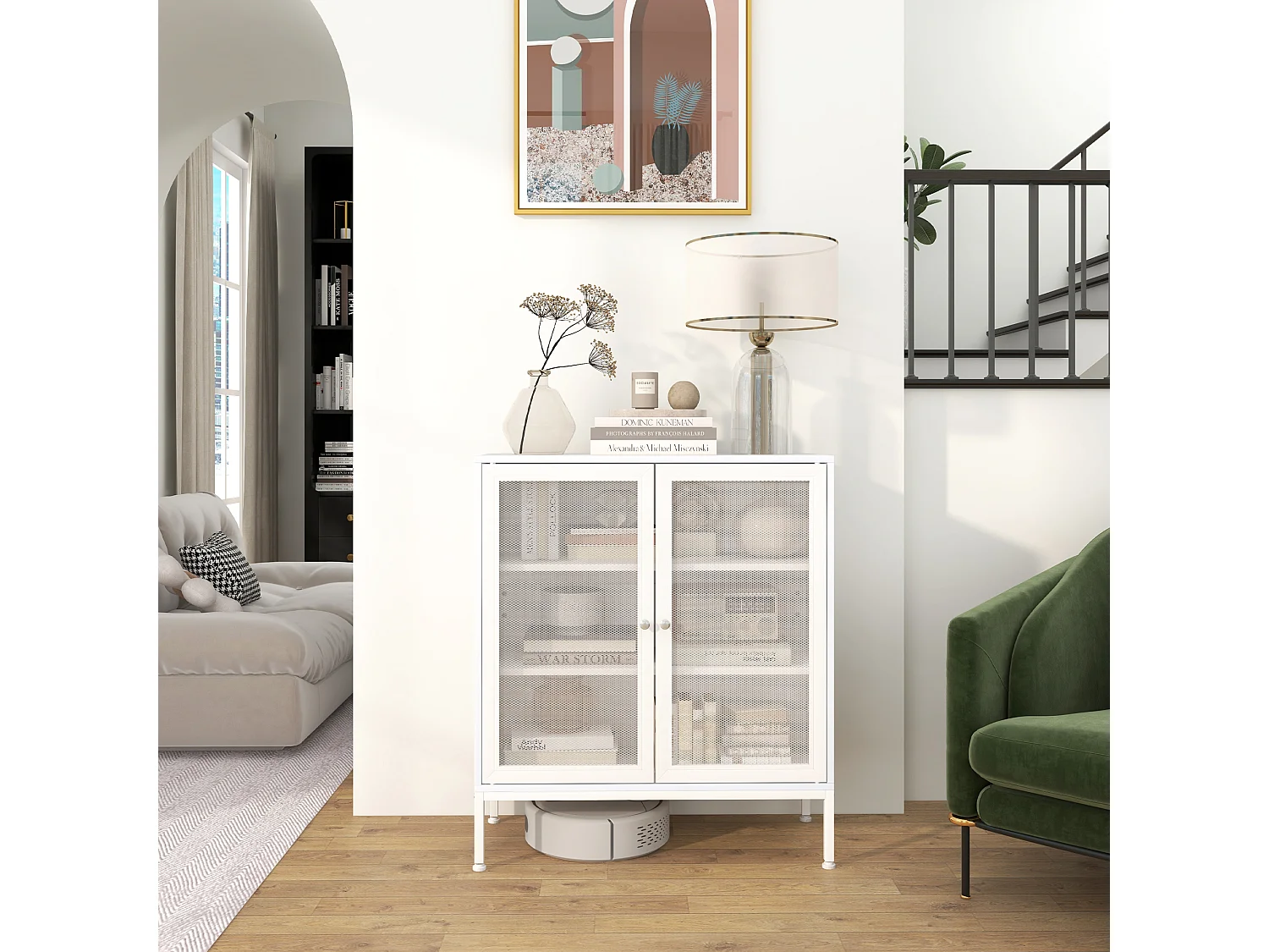 Buffet 2 portes grillagées 2 étagères dim. 80L x 37l x 92H cm acier panneaux blanc