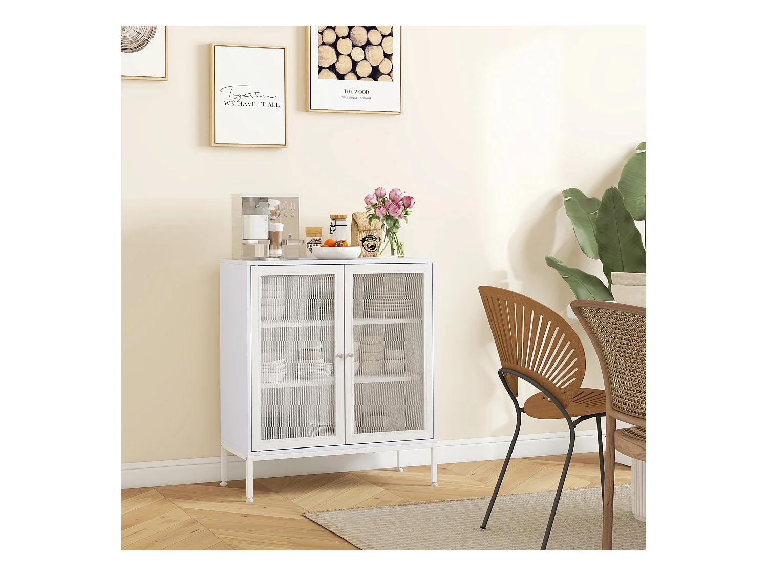 Buffet 2 portes grillagées 2 étagères dim. 80L x 37l x 92H cm acier panneaux blanc