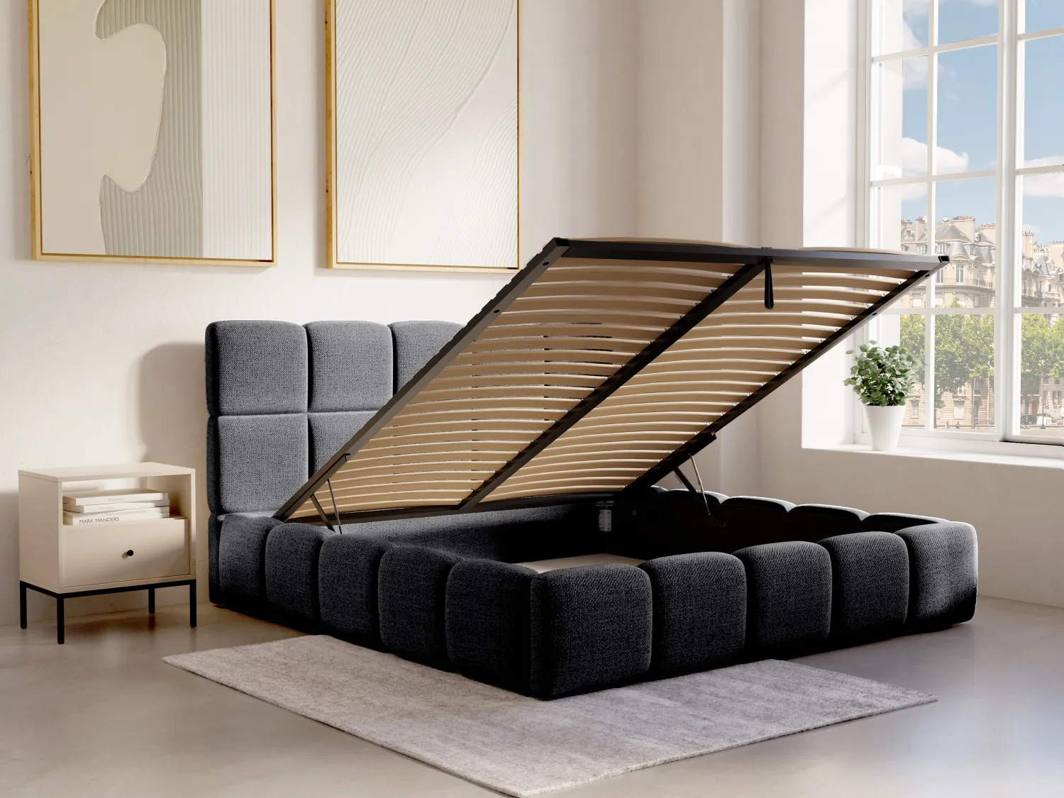 Bett mit Bettkasten - 140 x 190 cm - Strukturstoff - Schwarz - DAMADO von Pascal Morabito