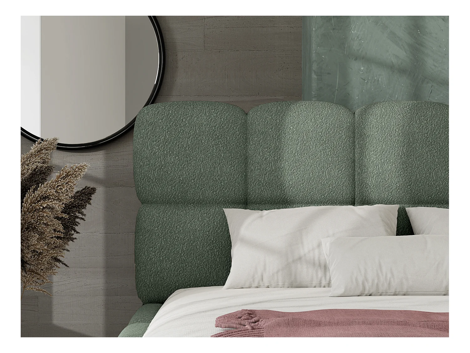 [OLD VERSION]Bett mit Bettkasten - 200 x 200 cm - Bouclé-Stoff - Mandelgrün - DAMADO von Pascal Morabito