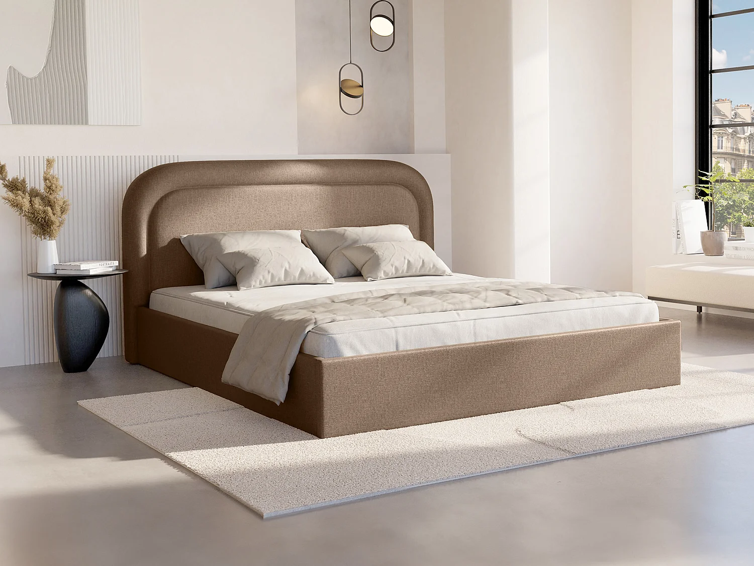 Bed met opbergruimte 180 x 200 cm - Gevlamde stof - Taupegrijs - FIREZA