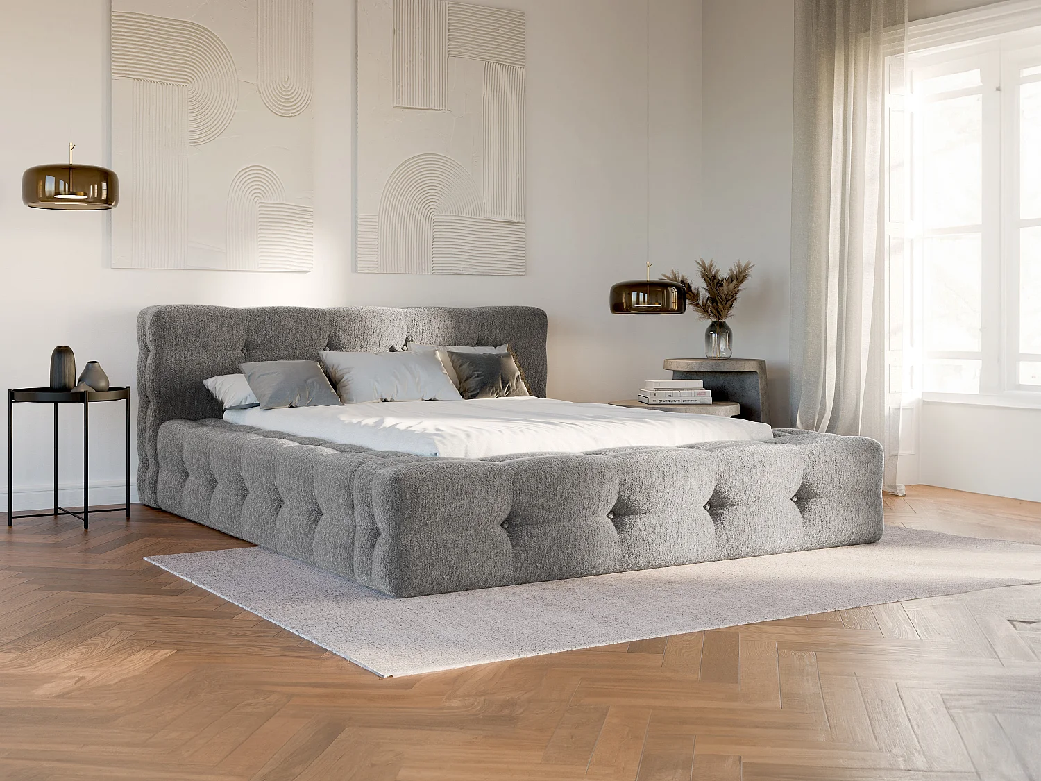 Letto trapuntato 160 x 200 cm Tessuto bouclette Grigio  - LERUCO di PASCAL MORABITO