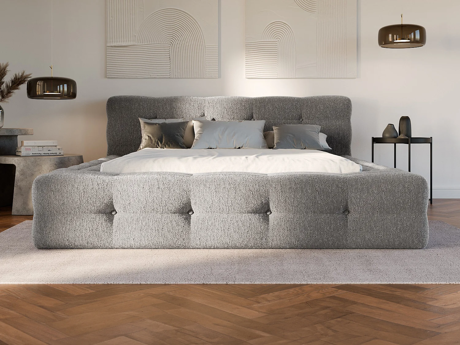 Letto trapuntato 160 x 200 cm Tessuto bouclette Grigio  - LERUCO di PASCAL MORABITO