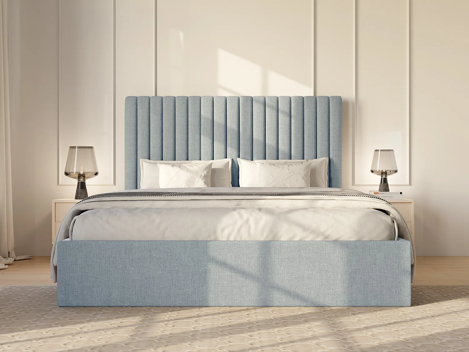 Lit coffre 180 x 200 cm avec tête de lit coutures verticales - Tissu - Bleu ciel - SARAH