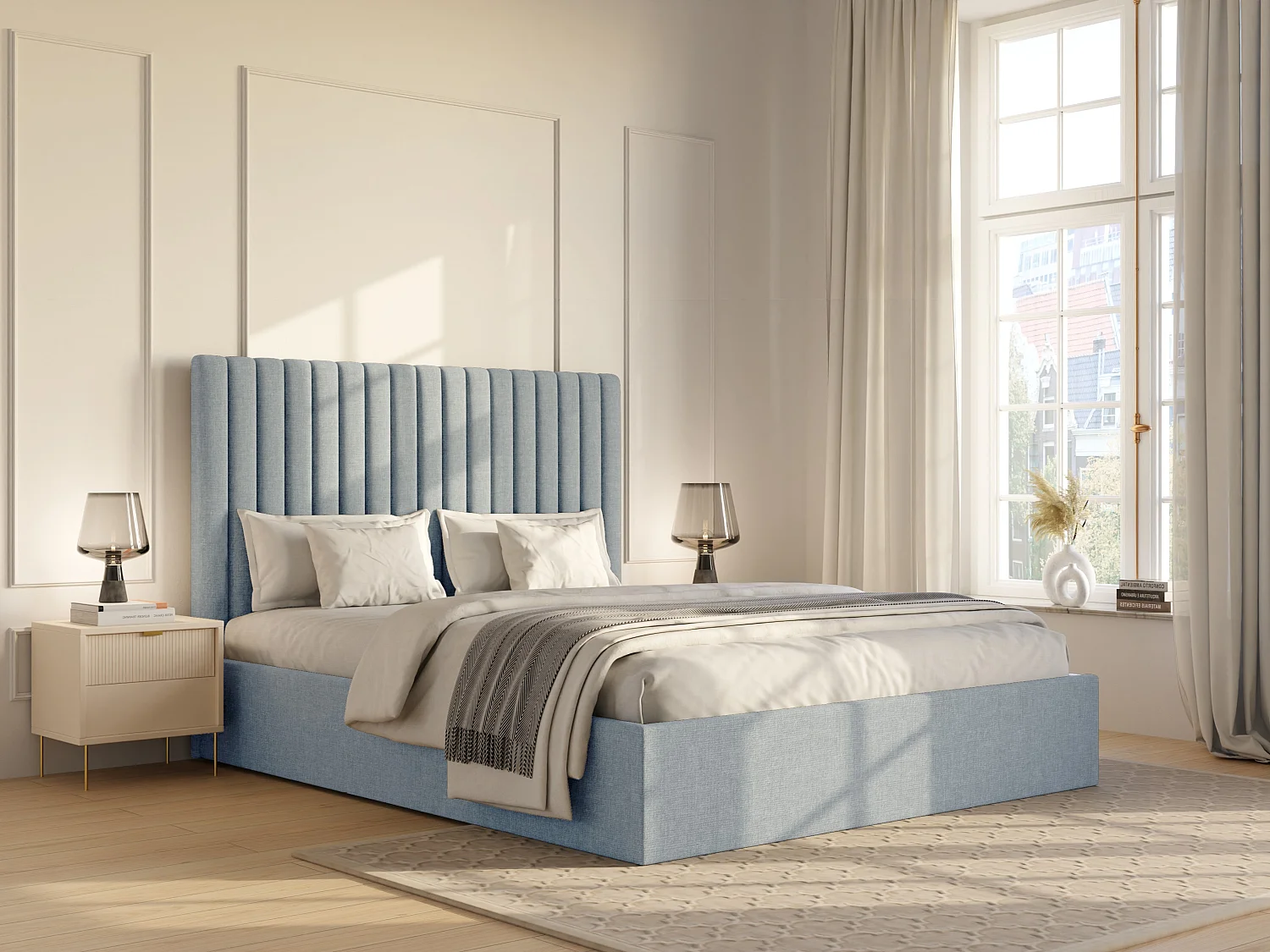 Lit coffre 180 x 200 cm avec tête de lit coutures verticales - Tissu - Bleu ciel - SARAH