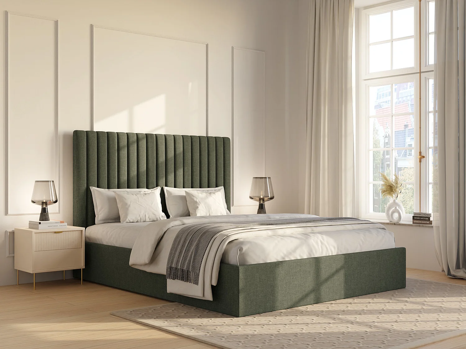 Lit coffre 180 x 200 cm avec tête de lit coutures verticales - Tissu - Kaki - SARAH