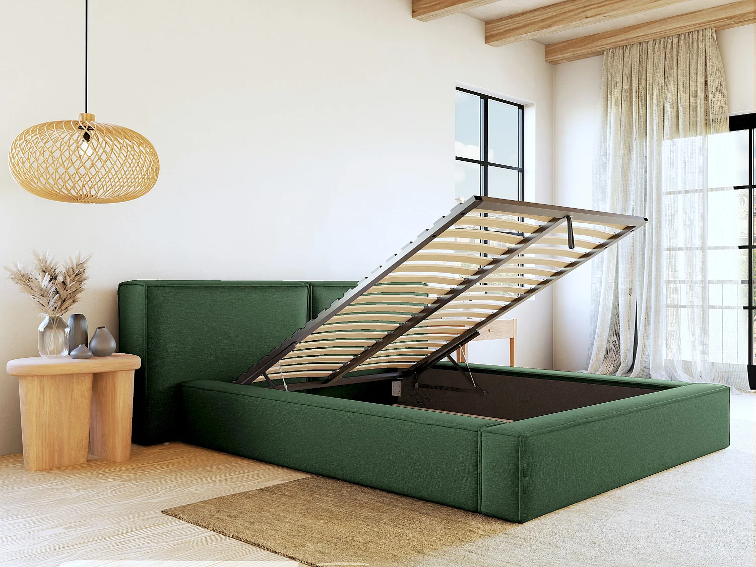 [OLD VERSION]Bett mit Bettkasten - 200 x 200 cm - Stoff - Tannengrün - TIMANO von Pascal Morabito