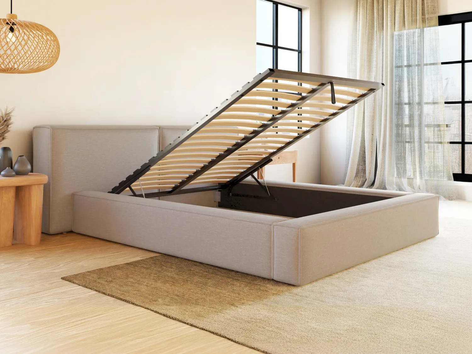 Lit coffre 200 x 200 cm - Tissu - Beige - TIMANO de Pascal Morabito