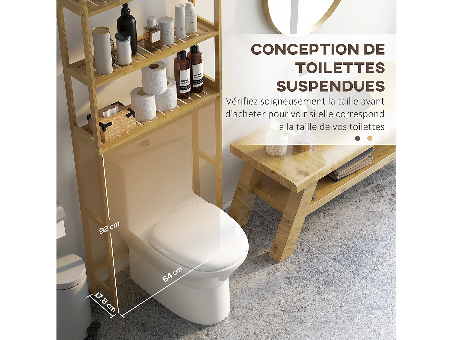 Étagère de toilettes WC 3 niveaux style cosy bambou