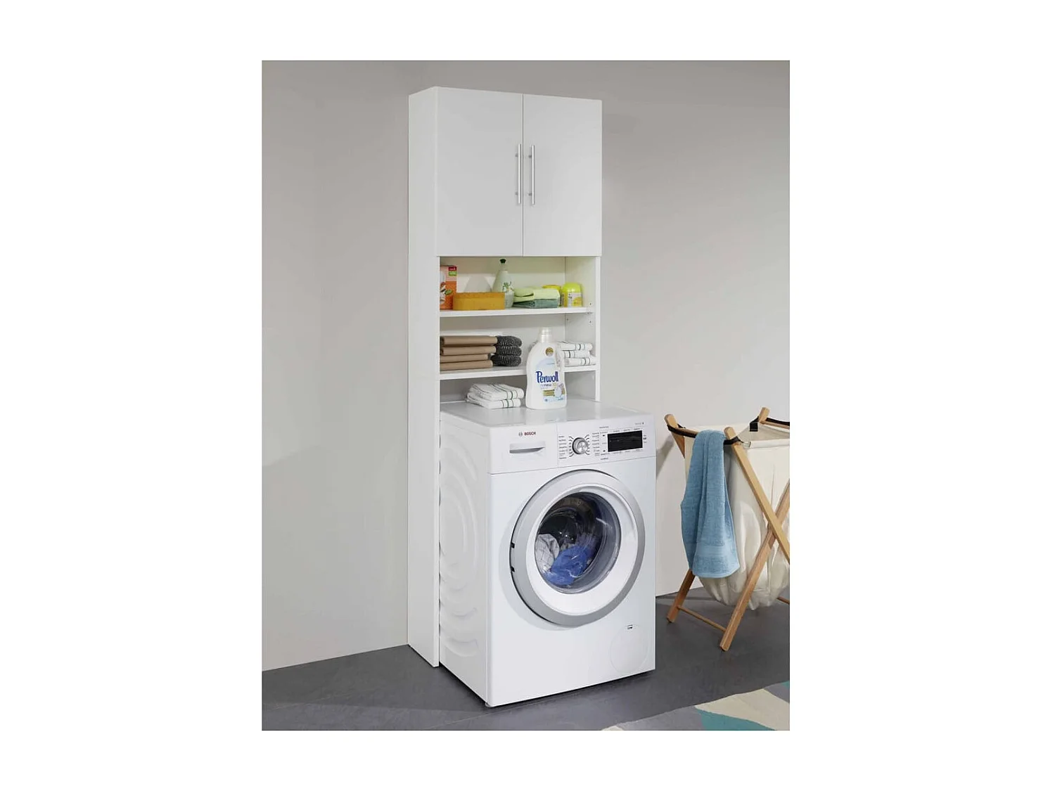 Blauw wit gelakt badkameropbergmeubel met 2 deuren