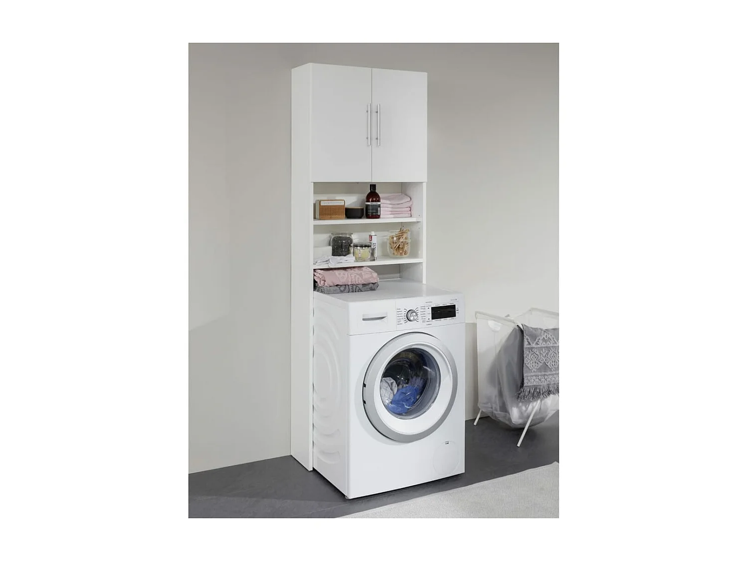 Blauw wit gelakt badkameropbergmeubel met 2 deuren