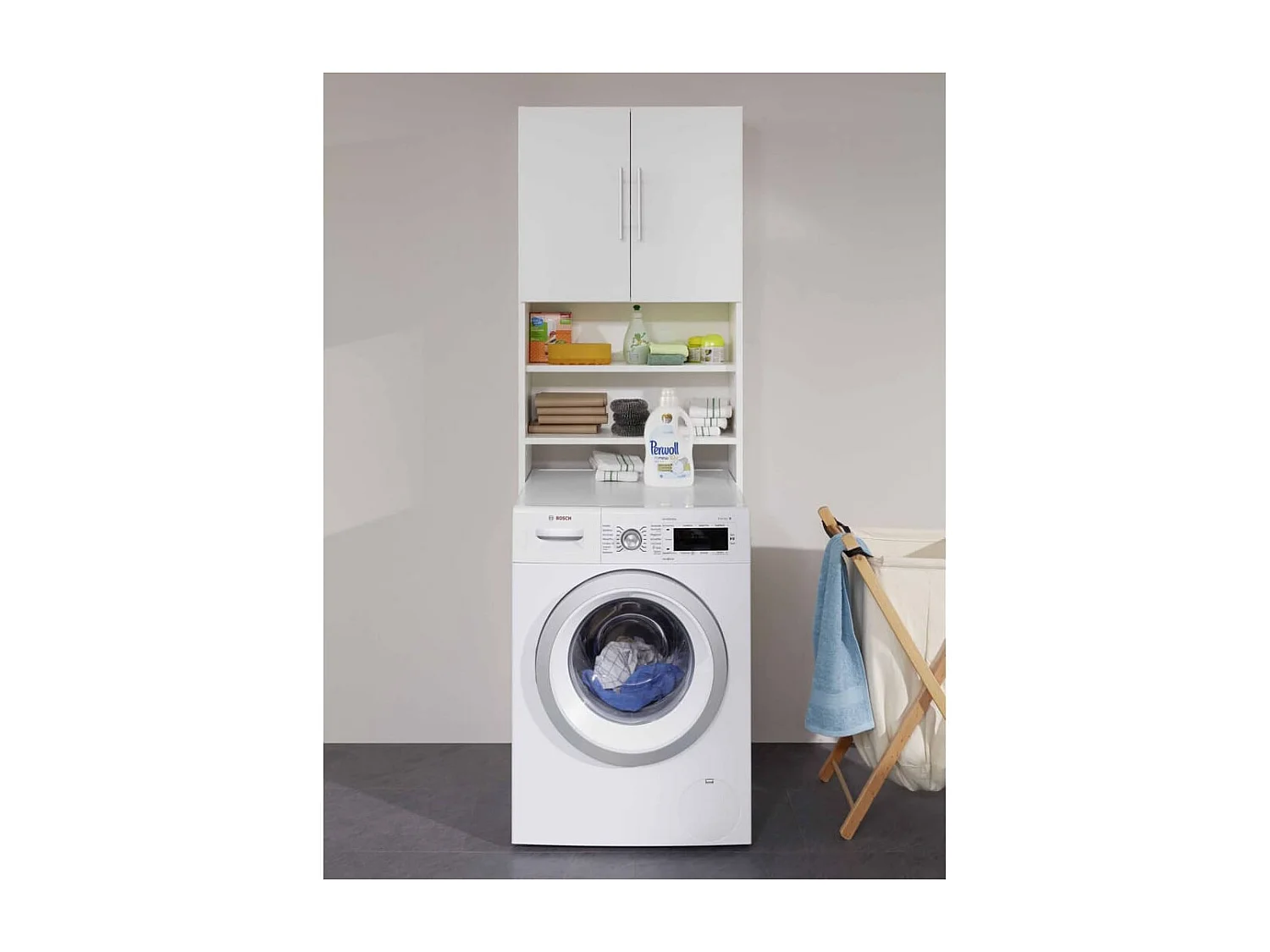 Blauw wit gelakt badkameropbergmeubel met 2 deuren