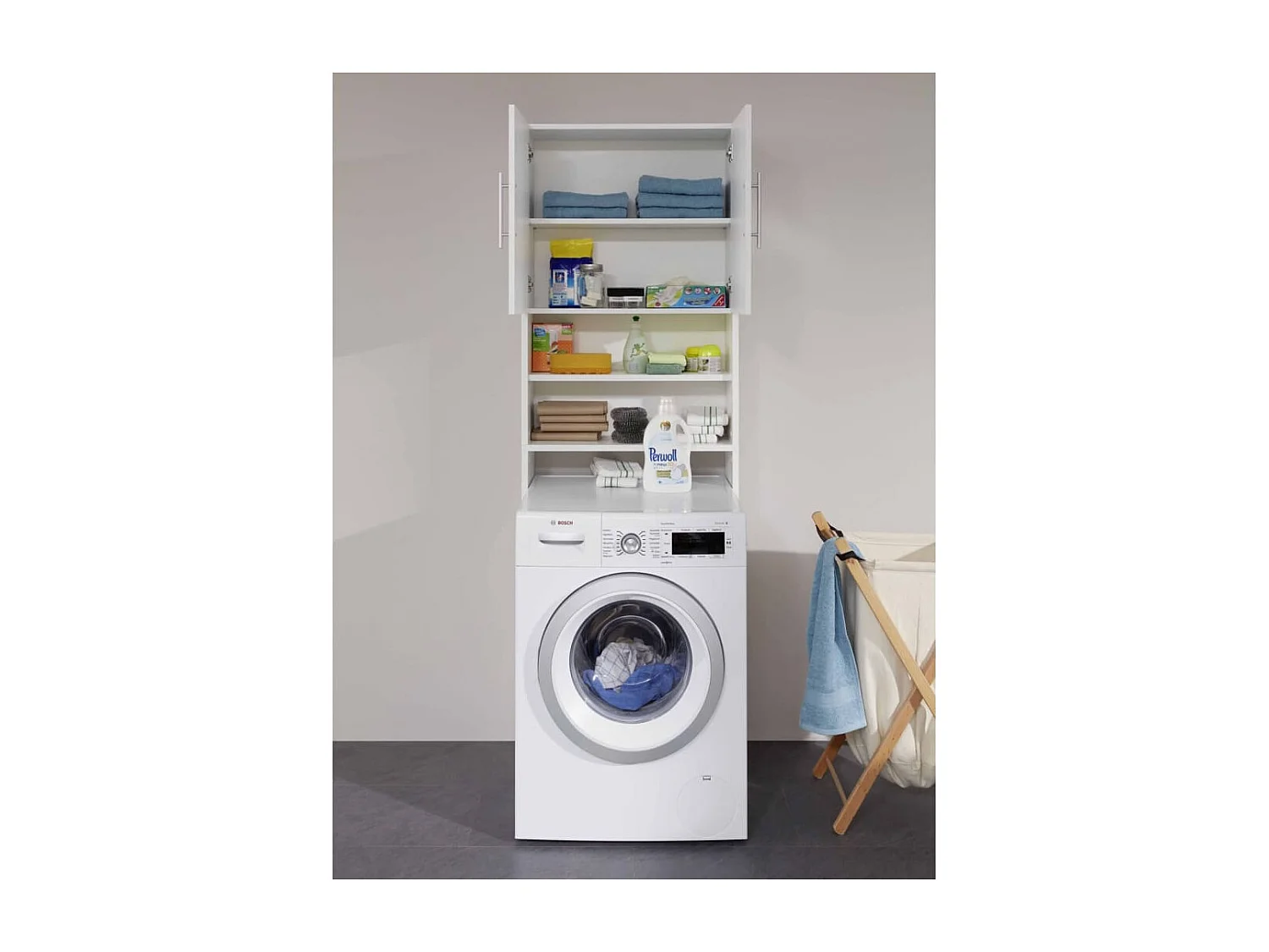 Blauw wit gelakt badkameropbergmeubel met 2 deuren