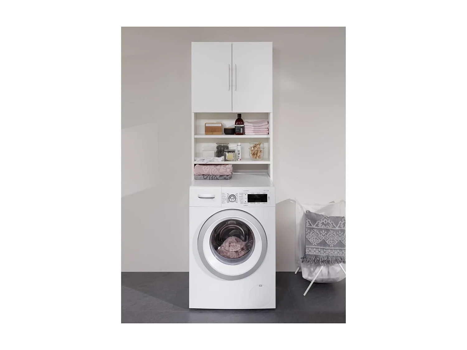 Blauw wit gelakt badkameropbergmeubel met 2 deuren