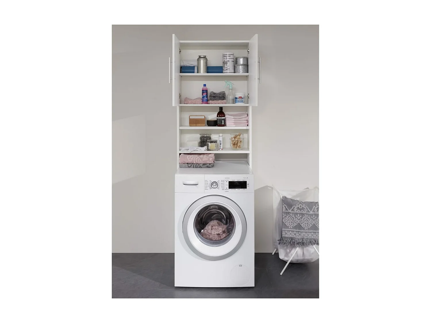 Blauw wit gelakt badkameropbergmeubel met 2 deuren