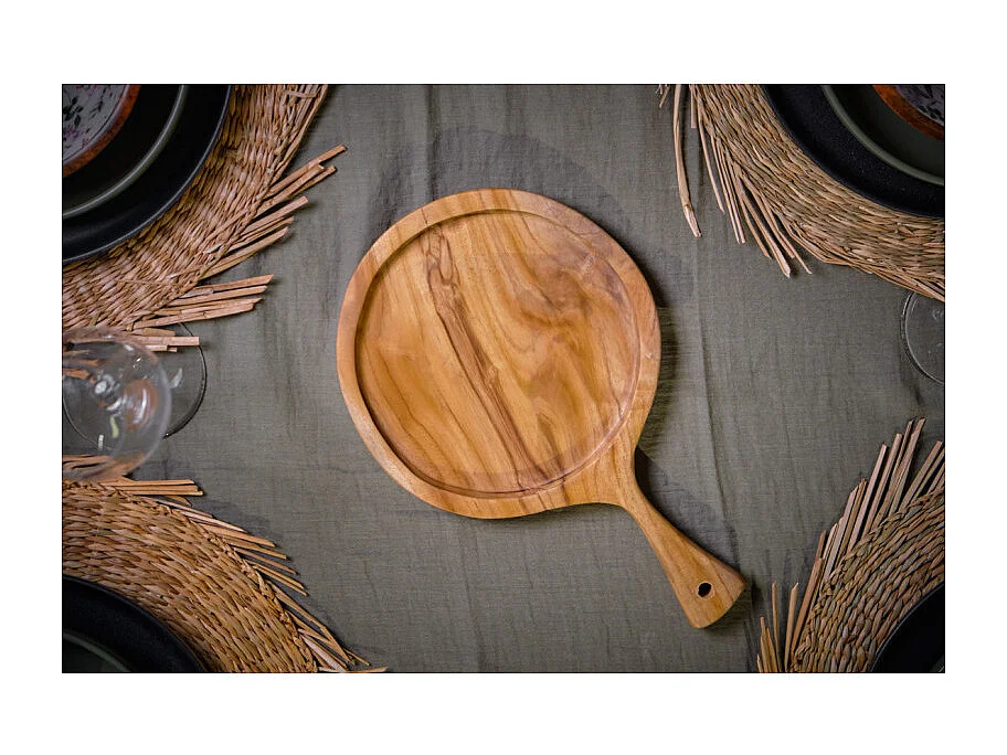 Planche à découper ronde 18 cm en bois de teck avec manche – EKIA