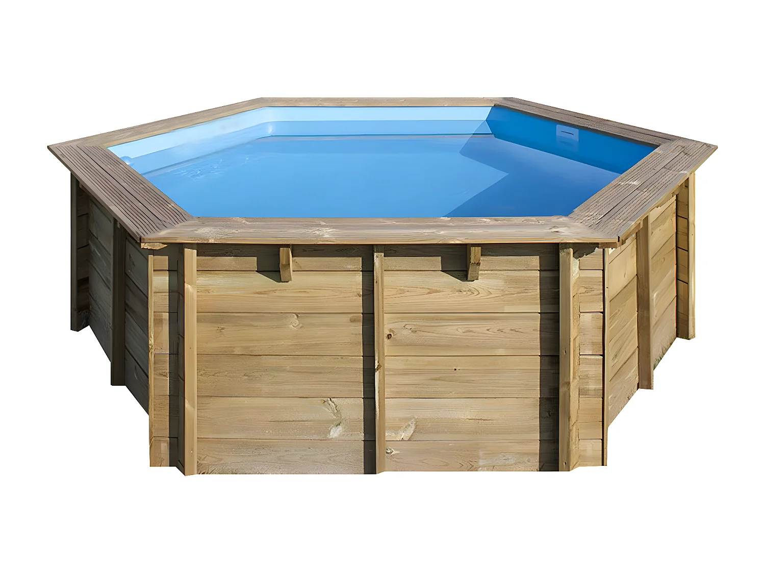 WATERCLIP - Piscine bois hexagonale Ø395cm -v7.5m2 - Autoclave IV - Liner 60/100 - Rainurée languette - Filtration 4m3/h + Echelle - EWEN
