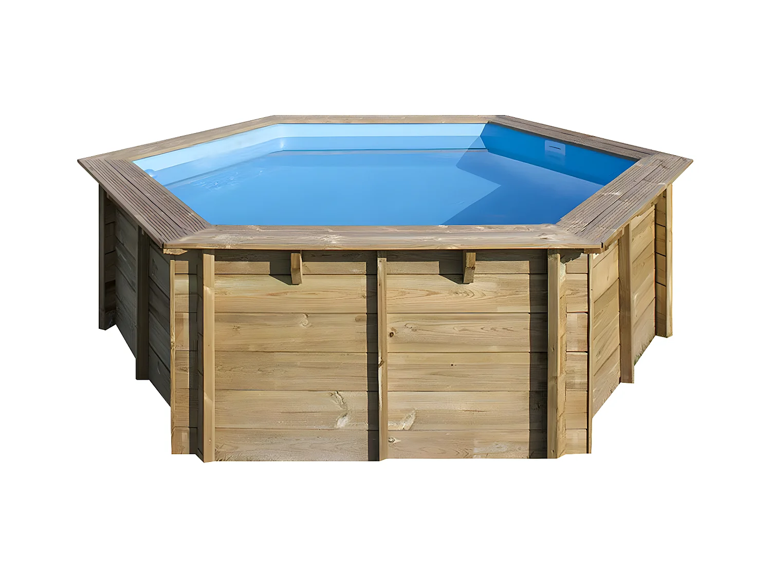 WATERCLIP - Piscine bois hexagonale Ø395cm -v7.5m2 - Autoclave IV - Liner 60/100 - Rainurée languette - Filtration 4m3/h + Echelle - EWEN